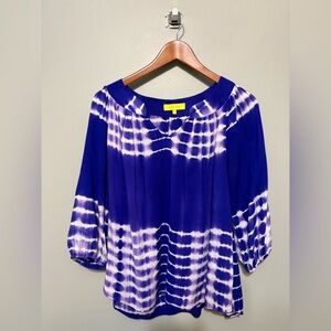 Ezra Purple & White Tie-Dye-Style Blouse 3/4 Sleeves Silky-Feel Boho Relaxed EUC